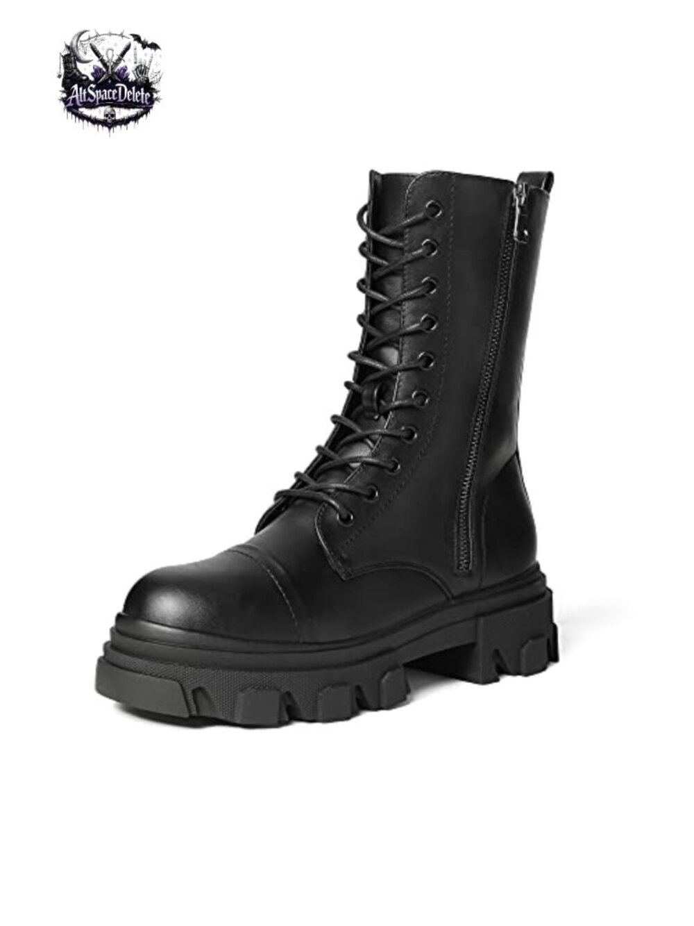 Women's Mid Calf Combat Boots Faux Leather Lace Up Block Heel